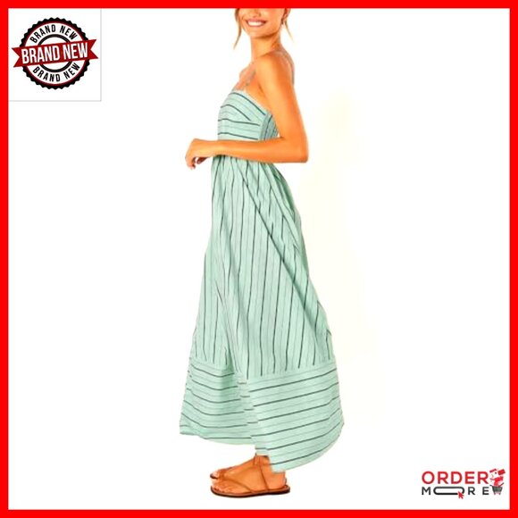 Striped Smocked Back Maxi Dress Elegant Formal Swing Cut Out Strappy - Picture 4 of 6